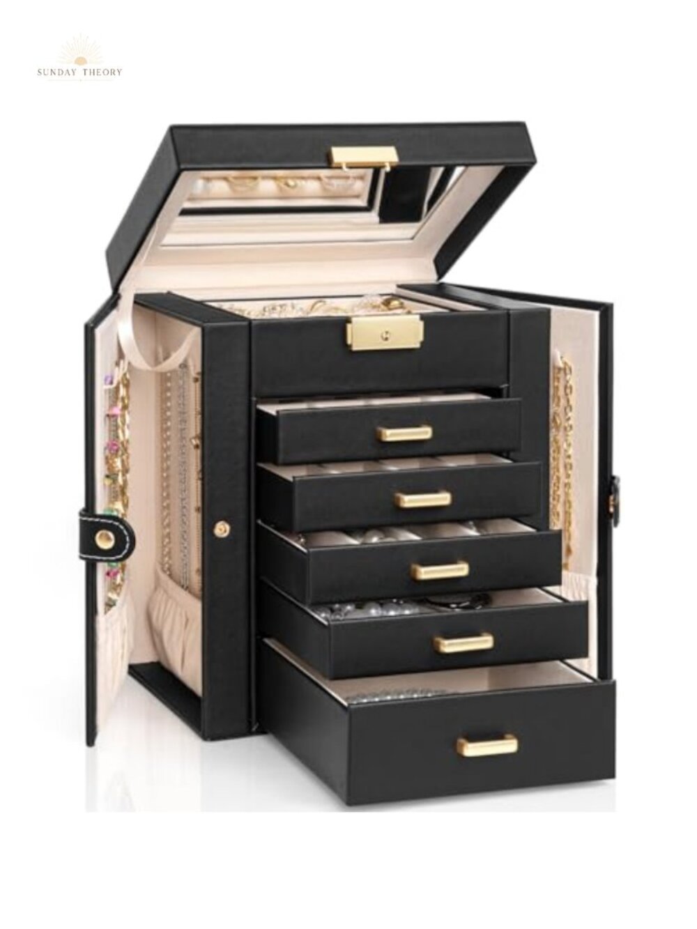 6-Tier Jewelry Box 5 Drawers Lockable Faux Leather Storage Organizer
